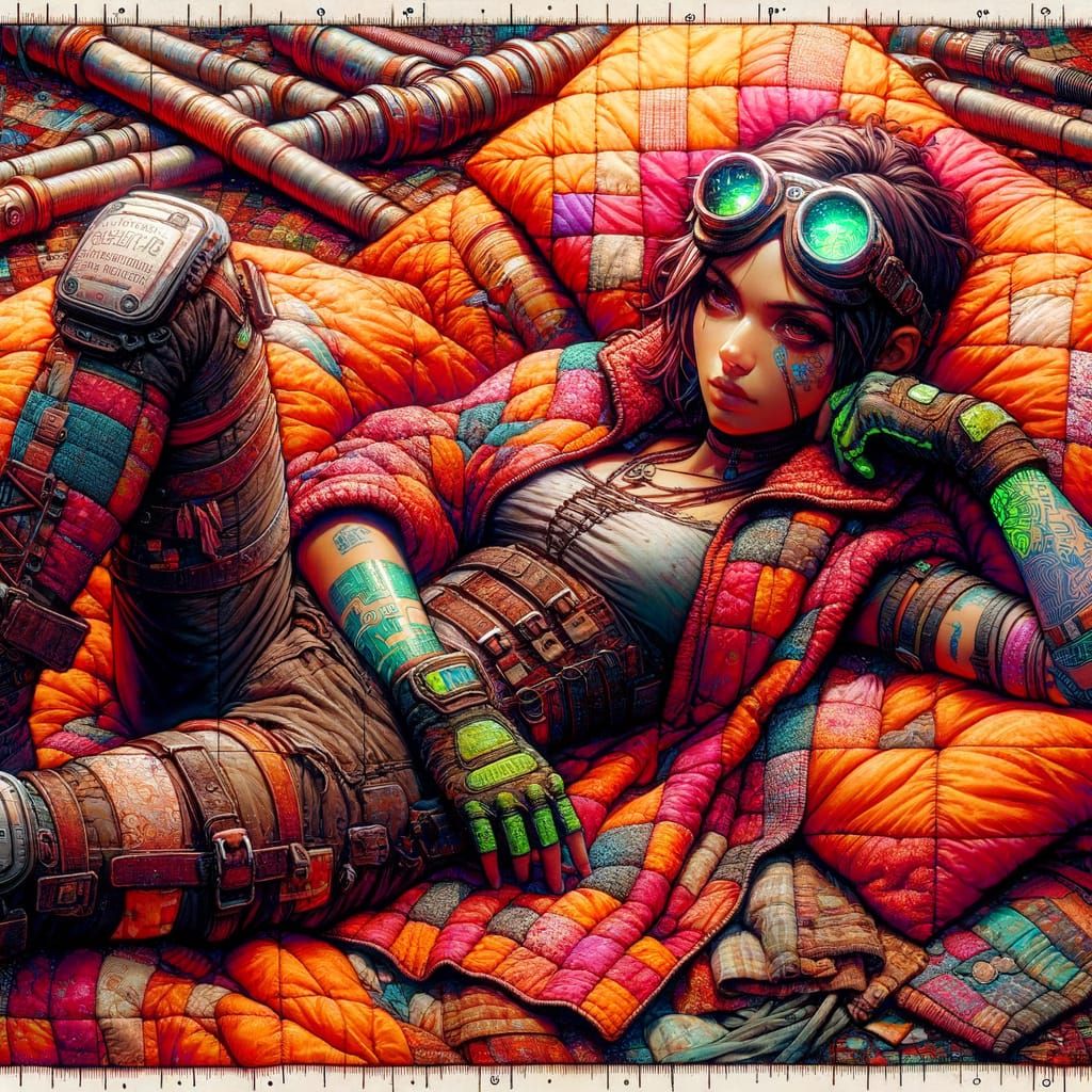 Latina Scavenger in Patchwork Quilts, Anime-Oil Fusion