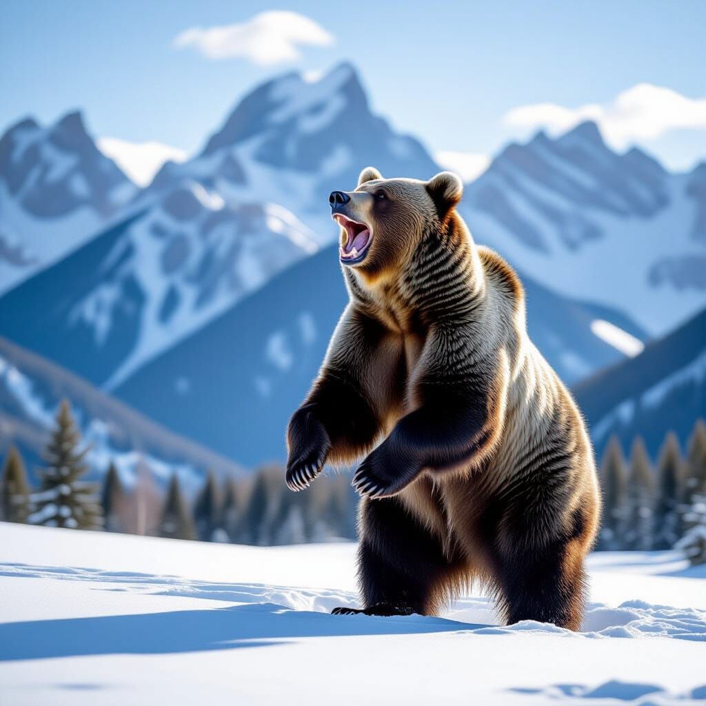 Majestic Grizzly Bear Roaring in Mountain Landscape