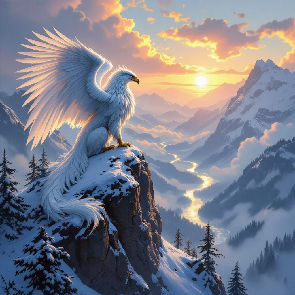 Griffin on Snow-Capped Peak in Digital Painting Style