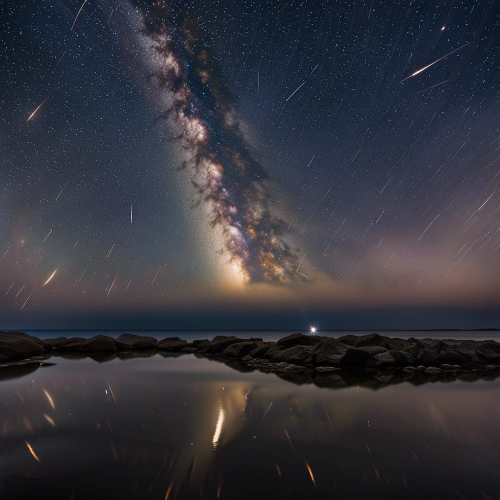 Perseid Meteor Shower over Calm Ocean