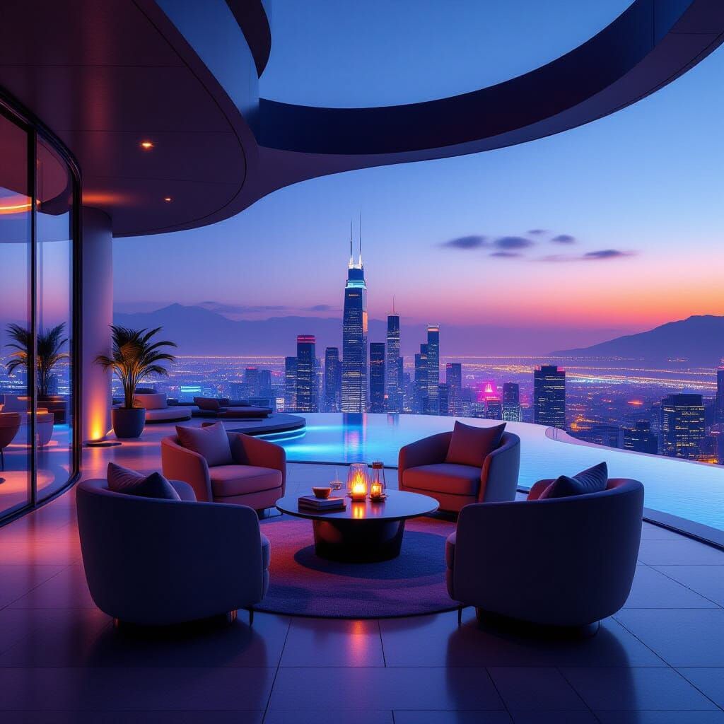Futuristic Resort Patio Overlooking Neon Cityscape at Dusk