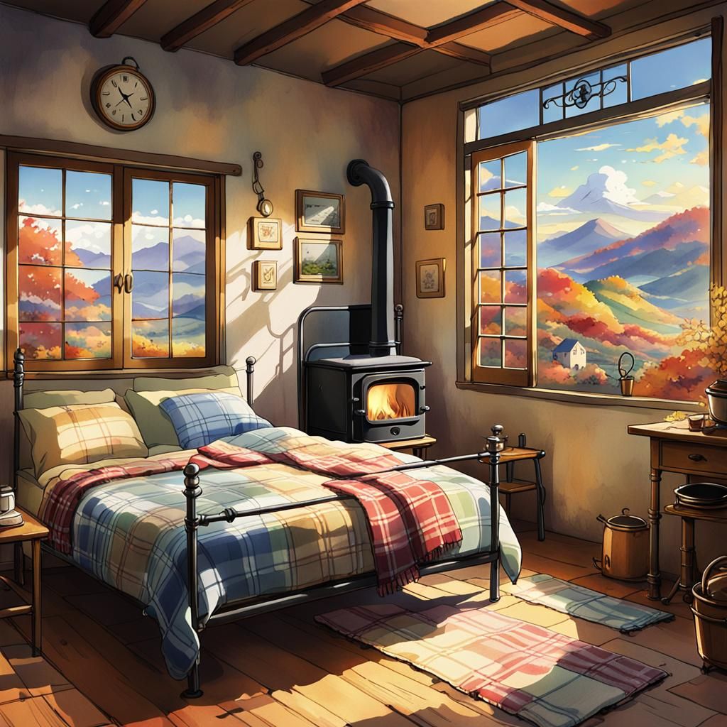 Cozy Anime Room in Watercolor Autumn Landscape