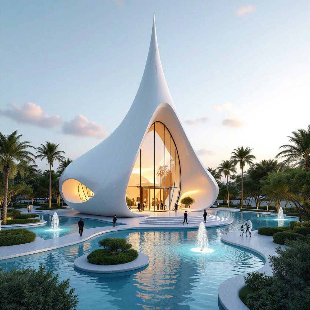 Futuristic Organical Building with Water Features in 3D