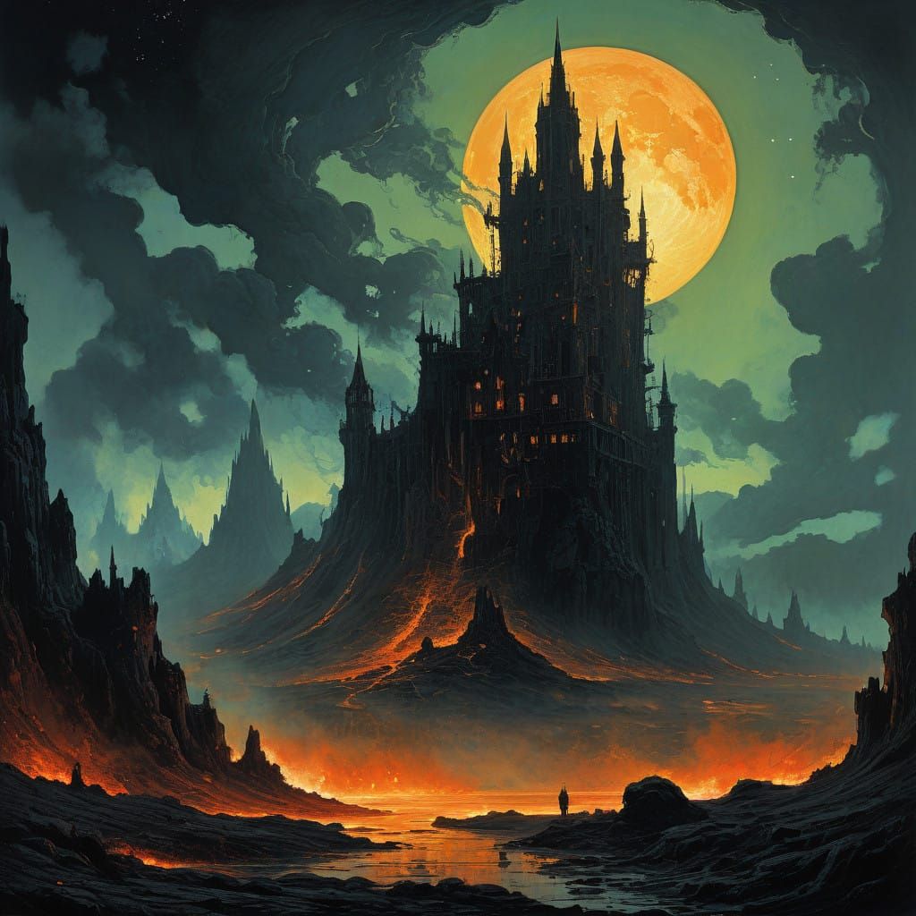 Fantasy Kingdom in Fiery Lava Caldera at Night