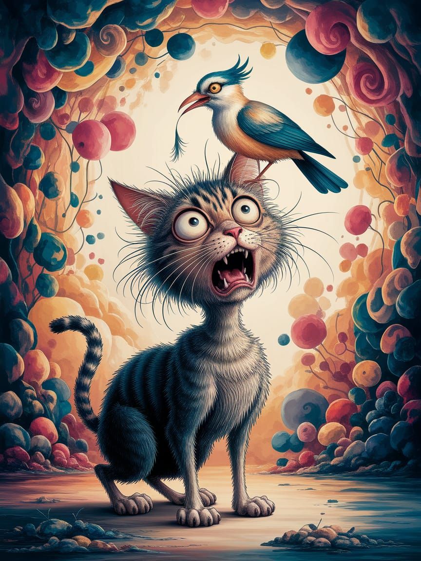 Burtonesque Cat's Agony with Bird