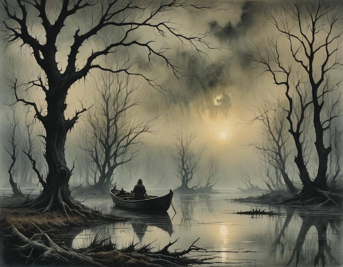 Eerie Marsh: Vintage Watercolor in Dark Surrealism