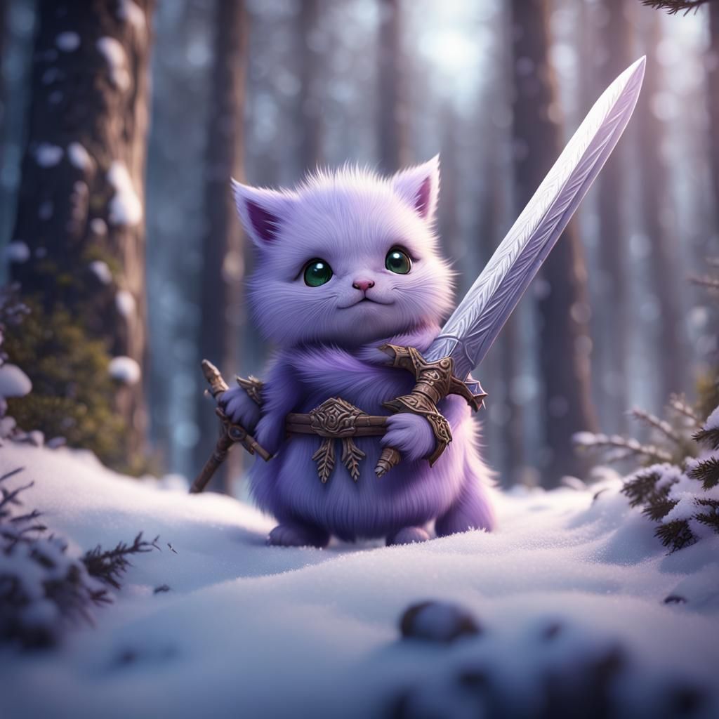 Fantasy Creature with Sword in Snowy Forest