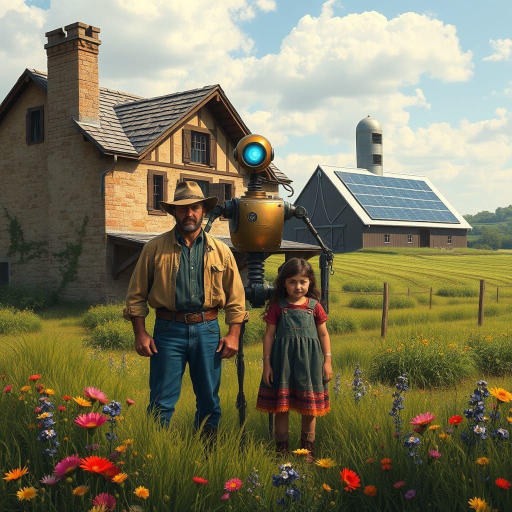 Farmer and Daughter Stand Before Weathered Farmhouse in Futu...