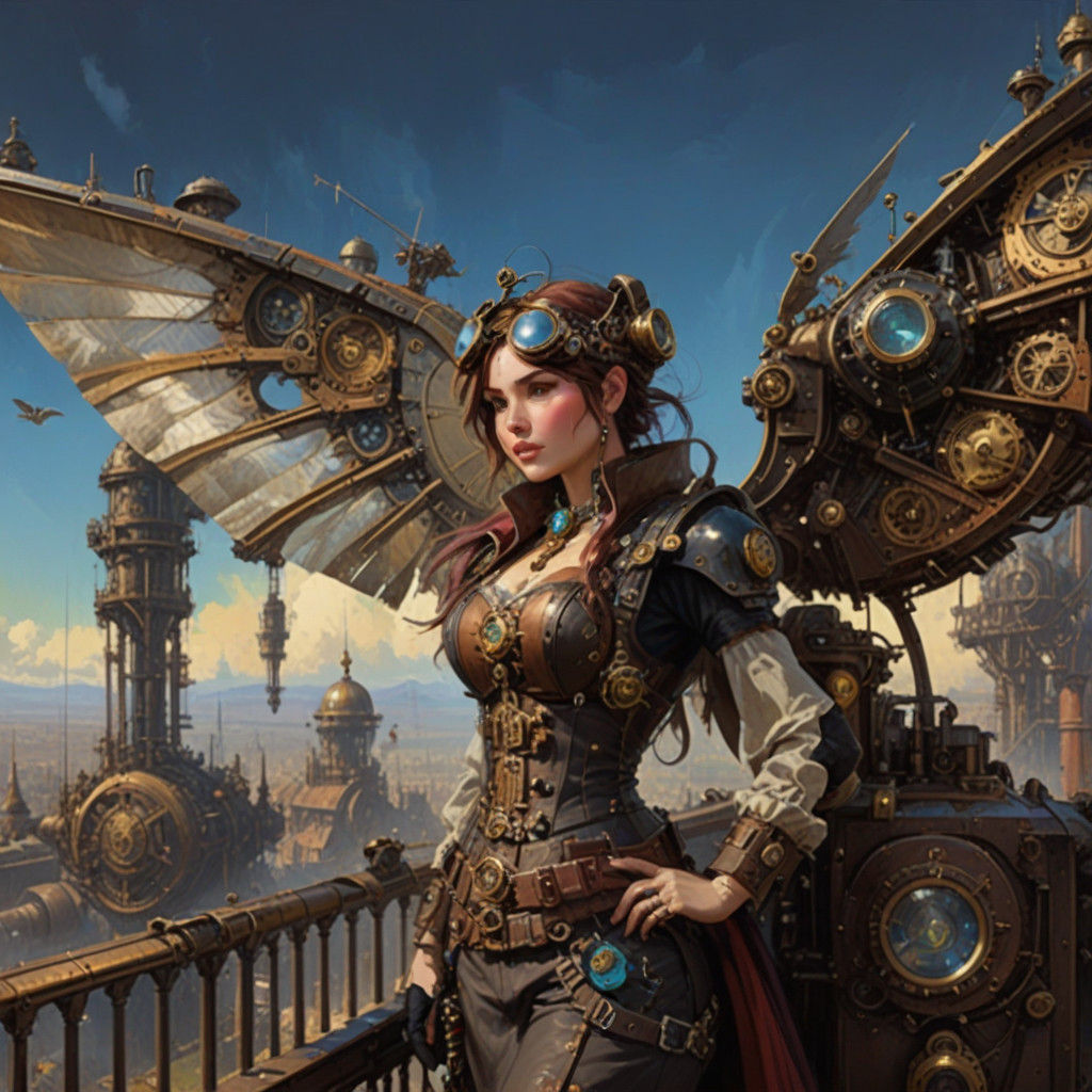 Steampunk Engineeress Soars Among Sky City Clouds