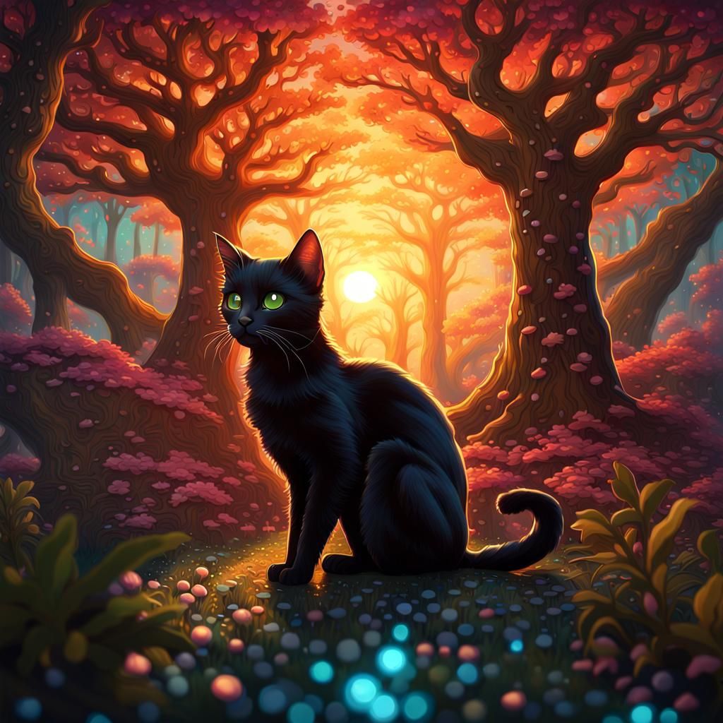 Sunrise Black Cat in Magical Forest