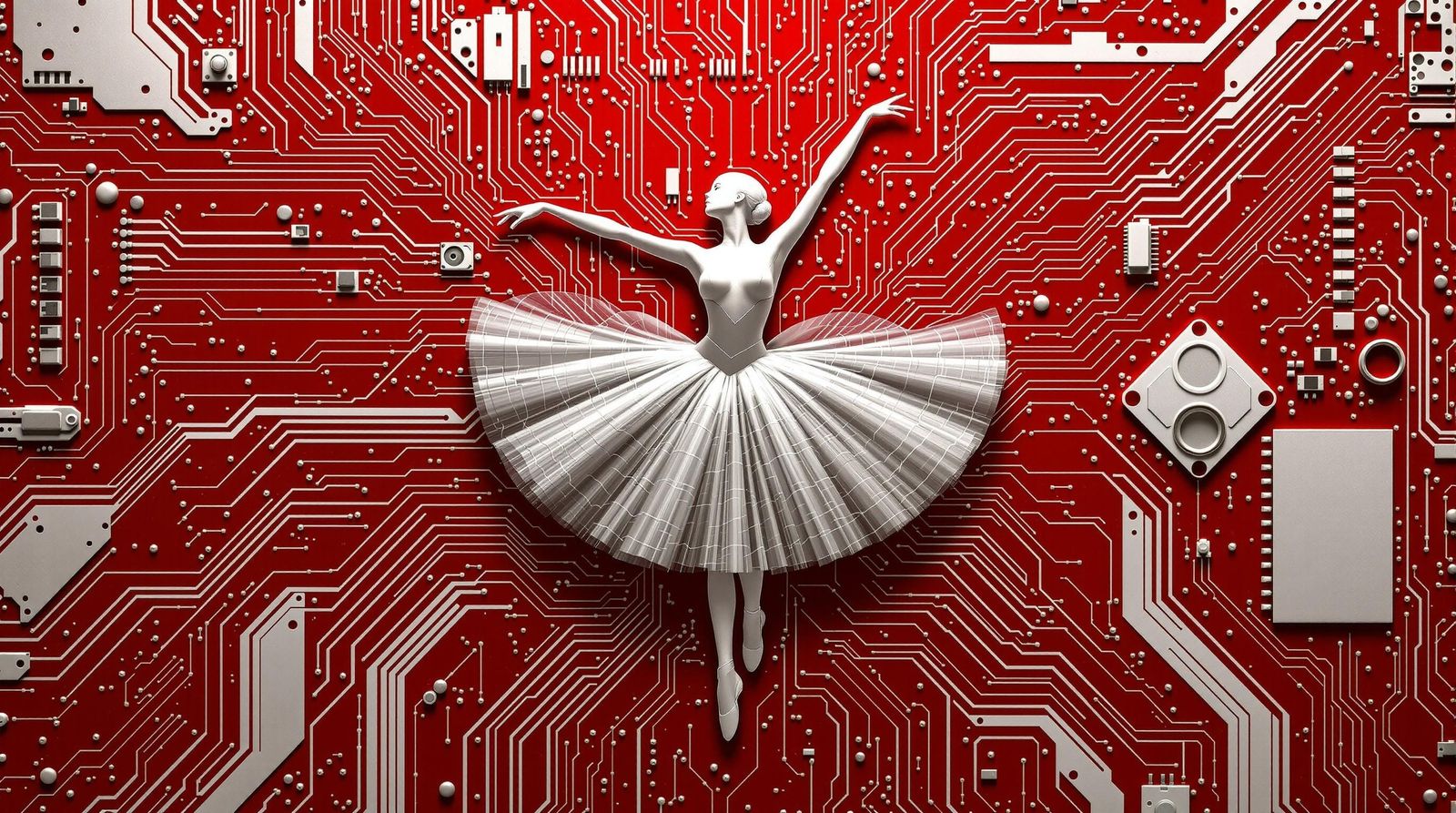Cyberpunk Ballerina Robot on Circuit Board