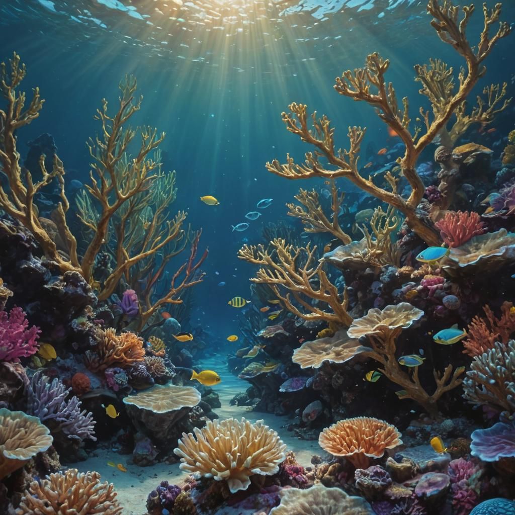 Golden Peacock in Bioluminescent Underwater Oil Painting