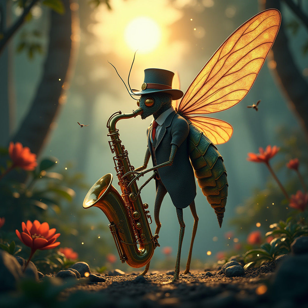 Giant Mosquito Saxophonist in Jungle Dreamscape