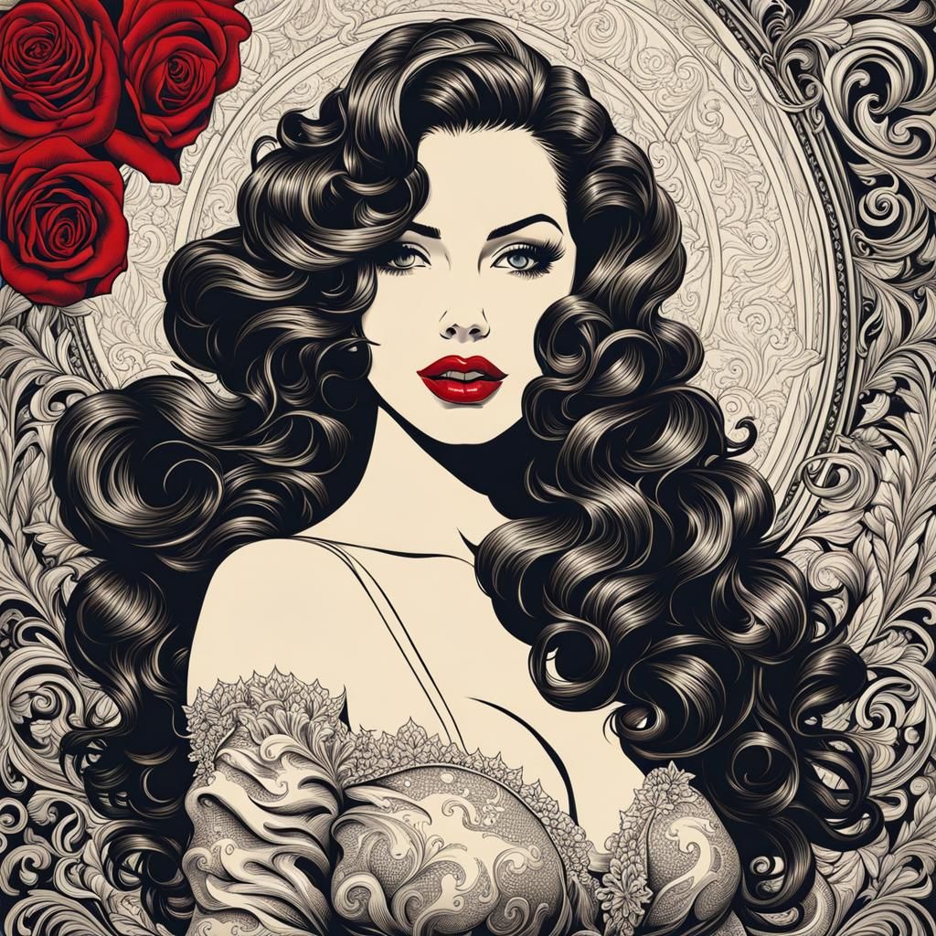 Brunette Pinup Girl Etching in 8K Resolution