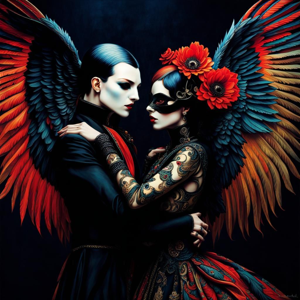 Gothic Vampire Couple Dancing in Surrealist Style