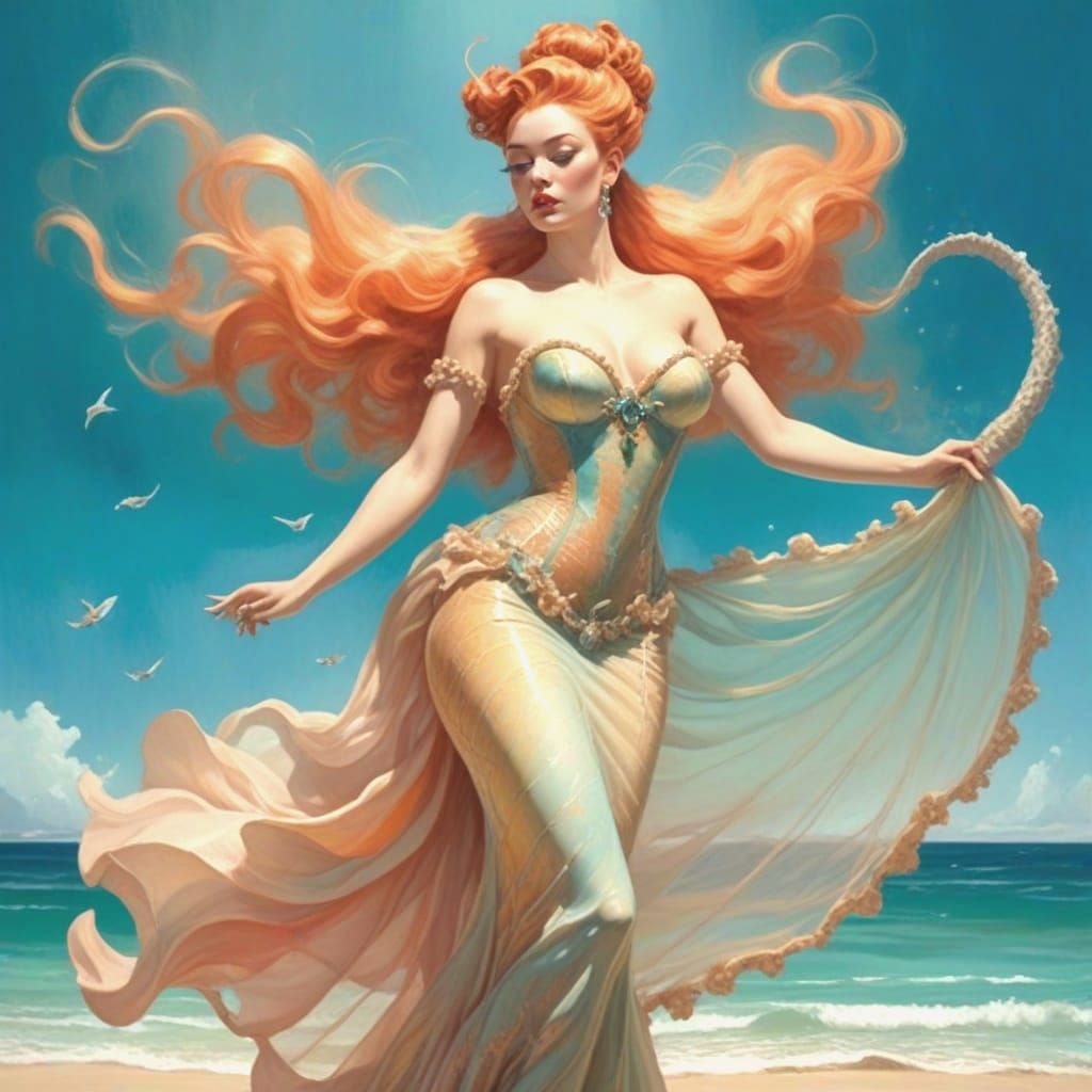 Stunning Woman in Fisherman's Net Dress with Oceanic Accents