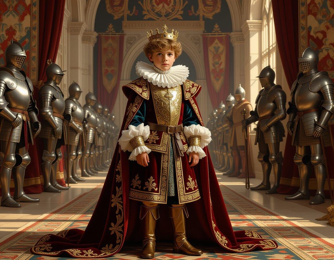 Boy in Medieval Attire in Playful Realism Style