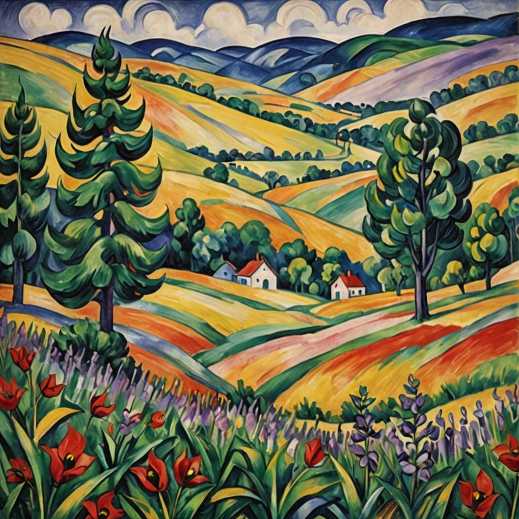 Expressionist Landscape with Lavender Field