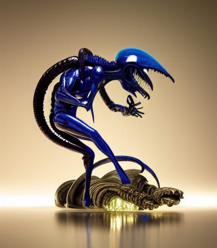 Xenomorph Encased in Blue Crystal: Hyperrealistic Art