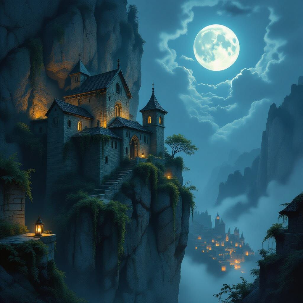 Ancient Monastery on Cliff Under Full Moon