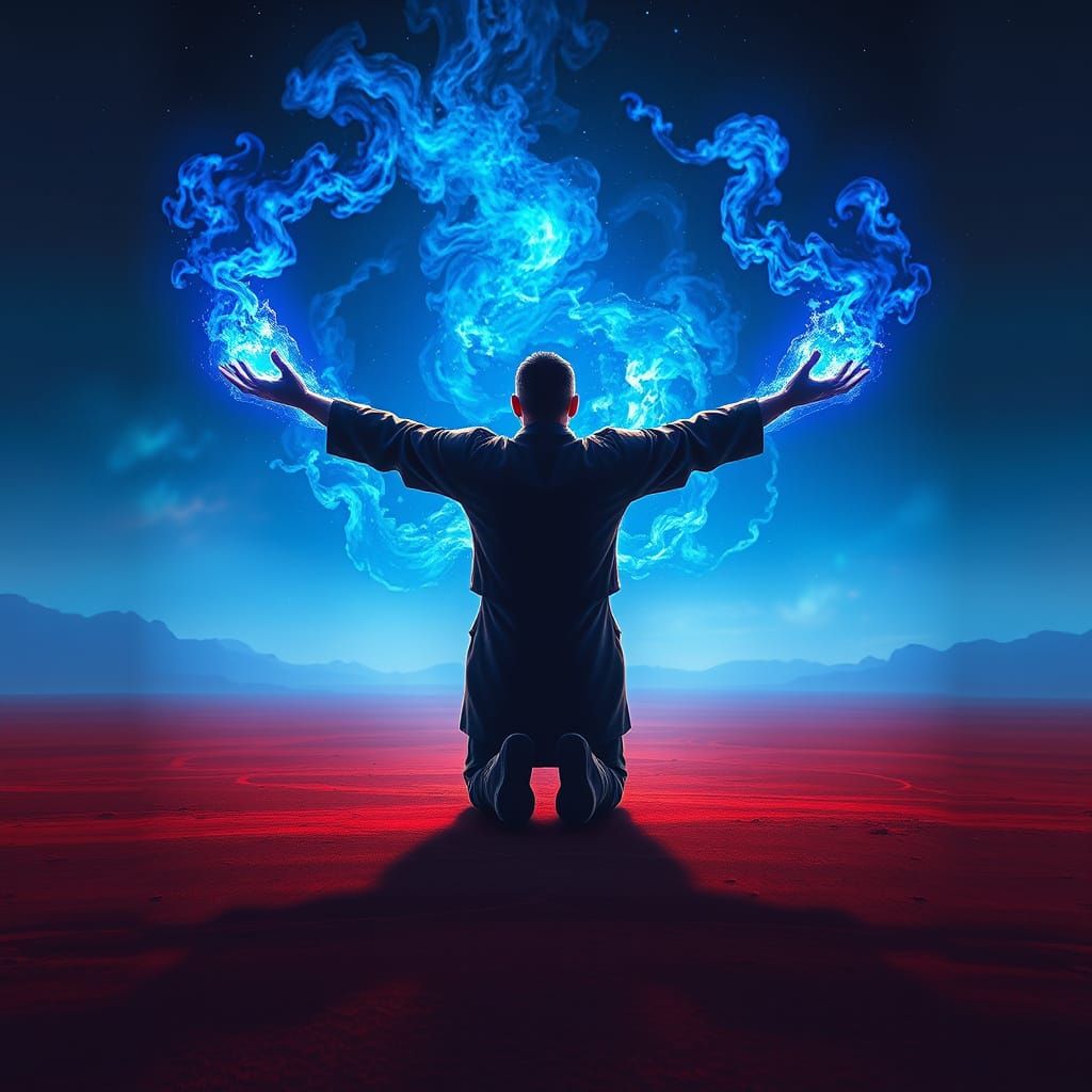 Figure Erupts Blue Fire in Cosmic Landscape