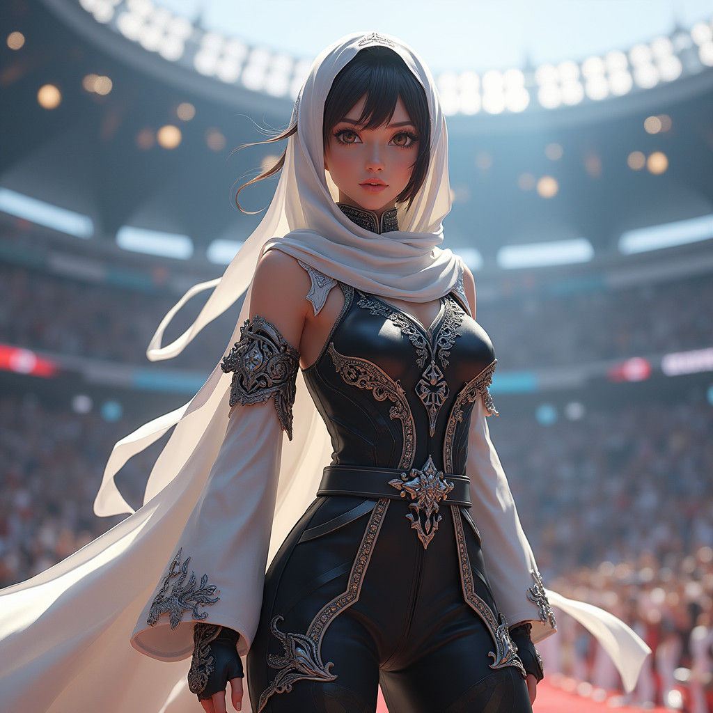 Yemeni Girl Fighter in Futuristic Arena, Digital Art