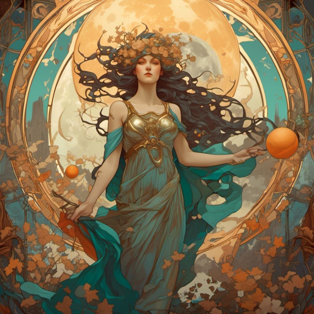 Artemis as Art Nouveau Goddess in Mucha Style