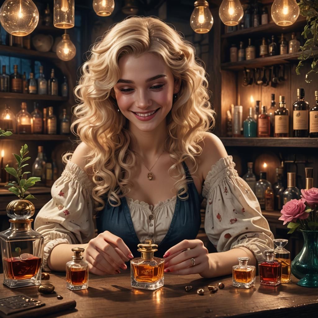 Blonde Girl with Perfumes in Vintage Kitchen, Matte Painting