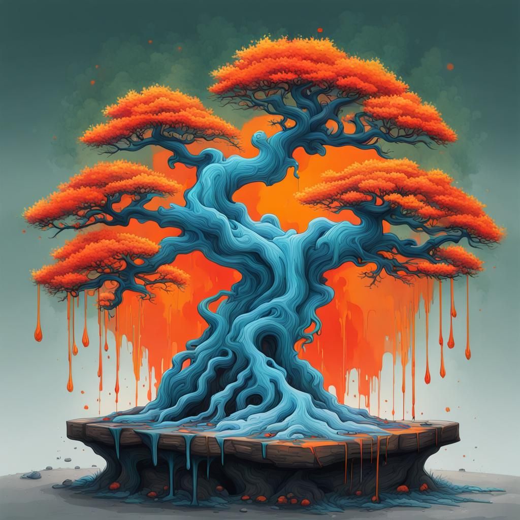 Spectral Bonsai Tree with Fiery Trunk, Graffiti Art