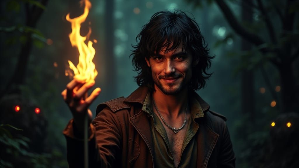 Man with Torch in Dark Woods, Eyes Watching