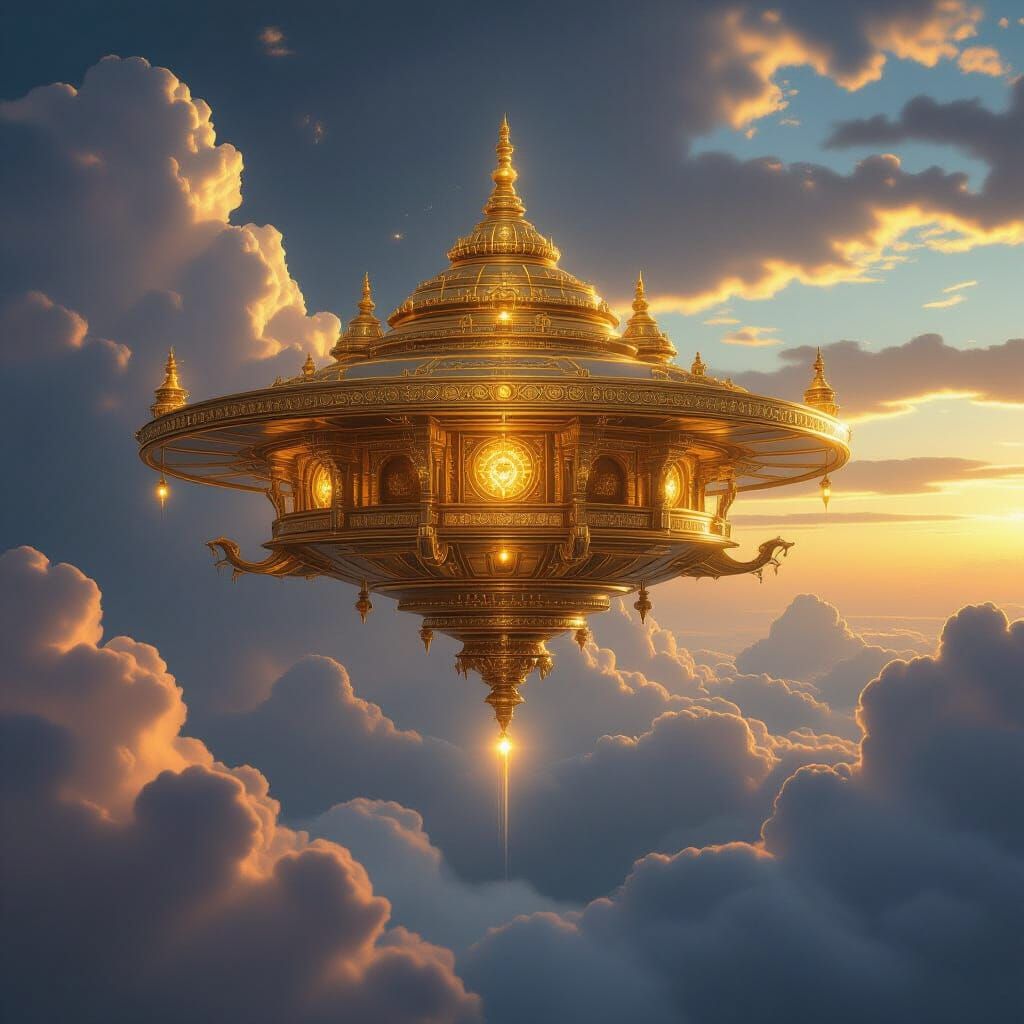Golden Vimana Ascends in Dusky Sky