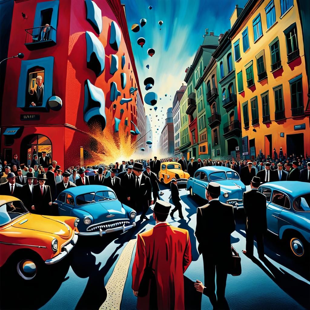 Surreal Urban Chaos in Vibrant, Dreamlike Metropolis