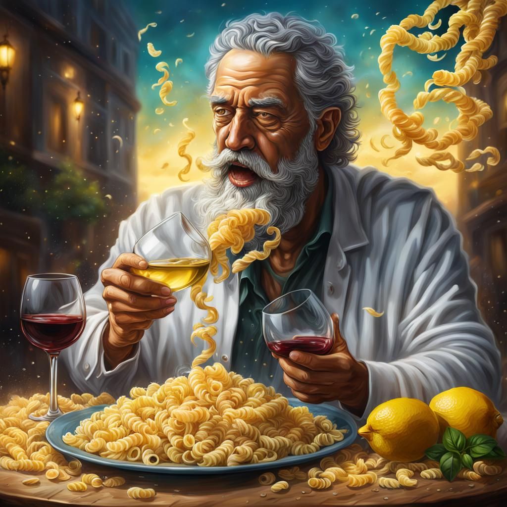 God Enjoys Rotini Pasta: Hyperrealistic Splash Art