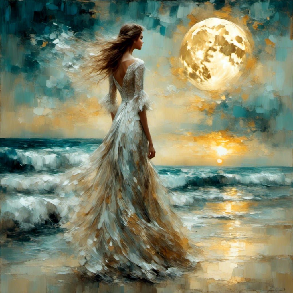 Dreamy Impressionistic Beach Scene with Moonlit Woman