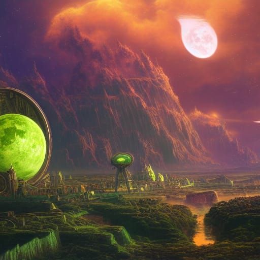 Vivid Alien Civilization on a Planet with Moons