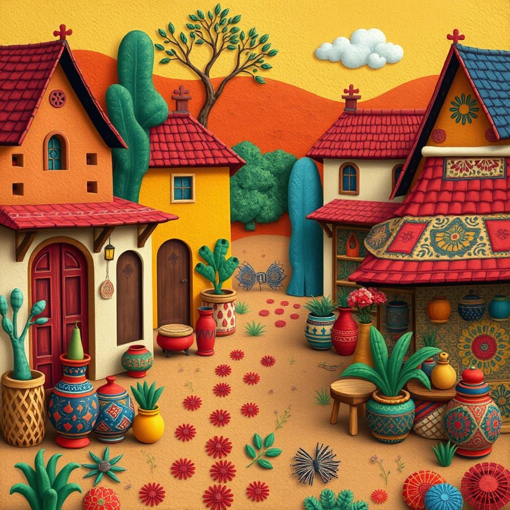 Whimsical Folk Art Village Scene with Geometric Patterns
