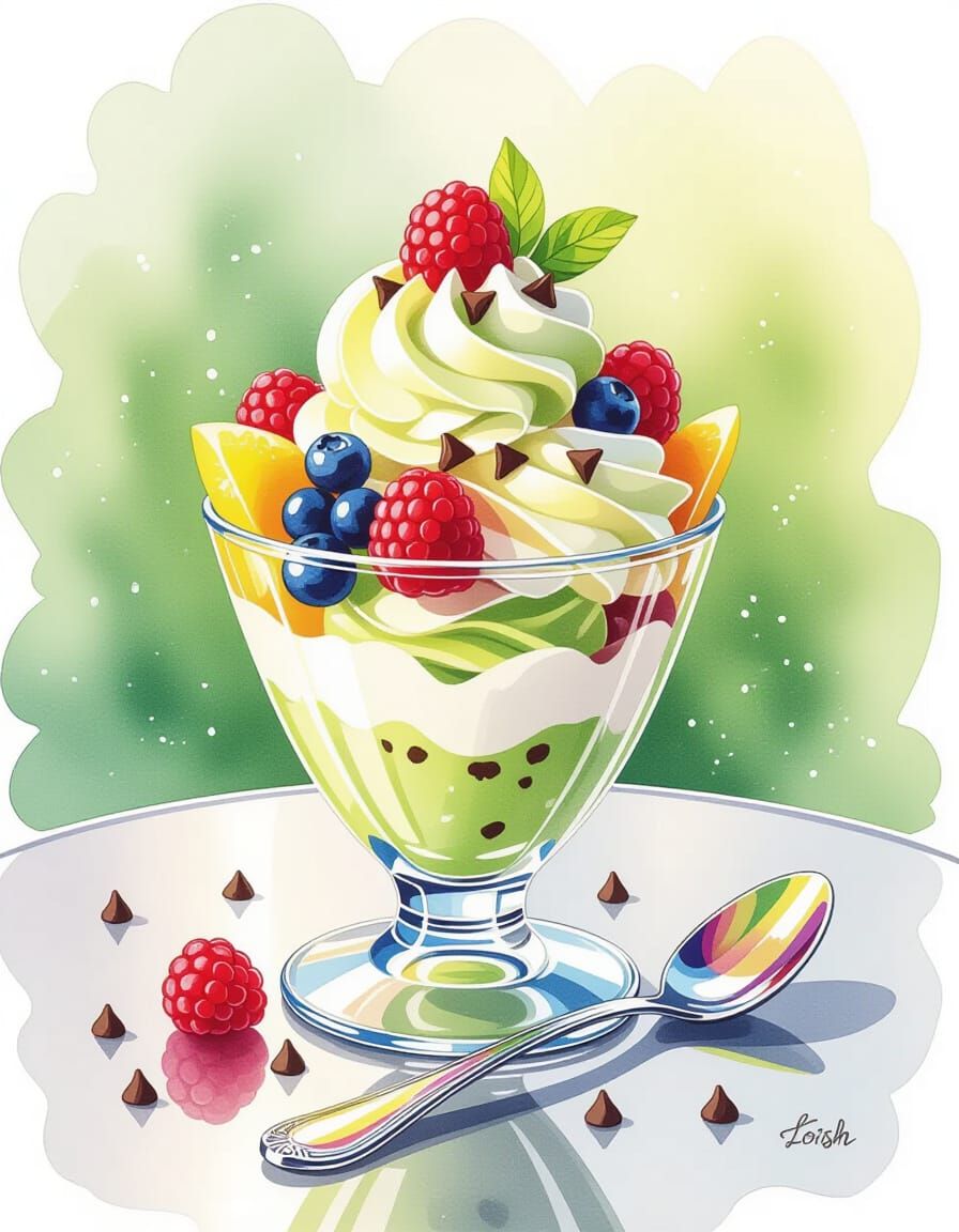 Matcha Parfait in Watercolor Splash Art Style