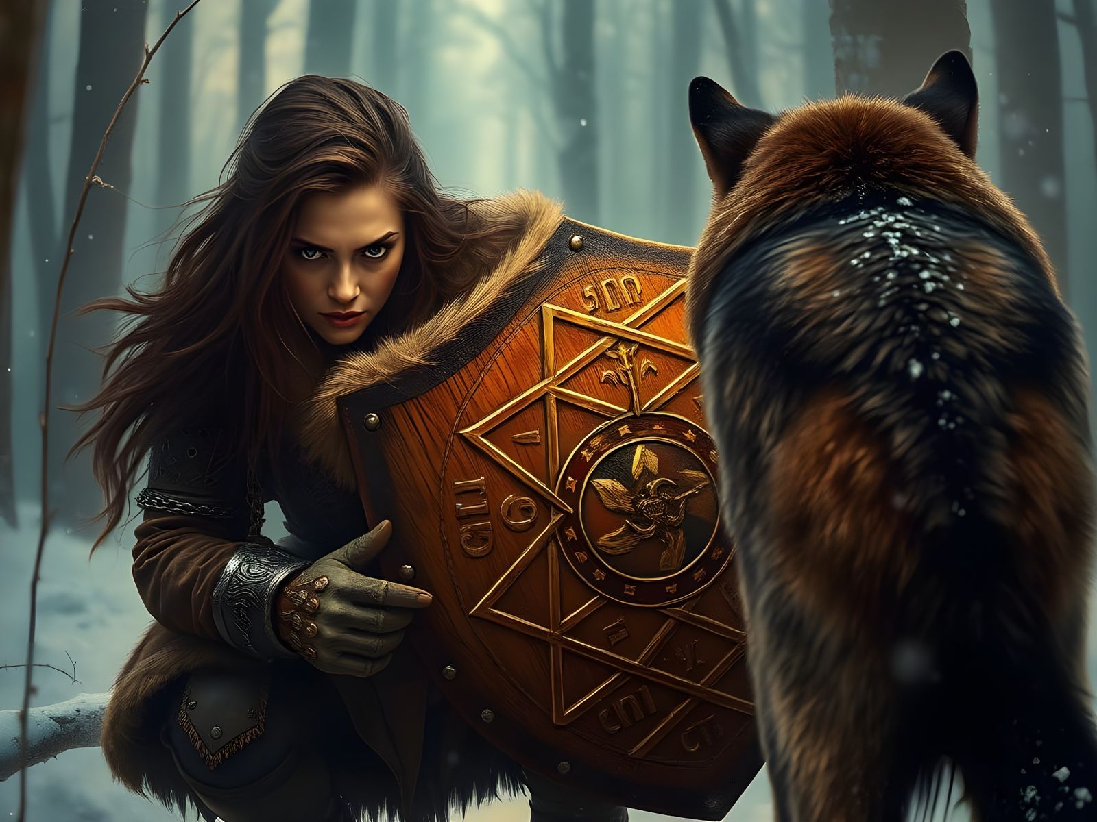 Norse Goddess of Protection Confronts a Fierce Timber Wolf i...