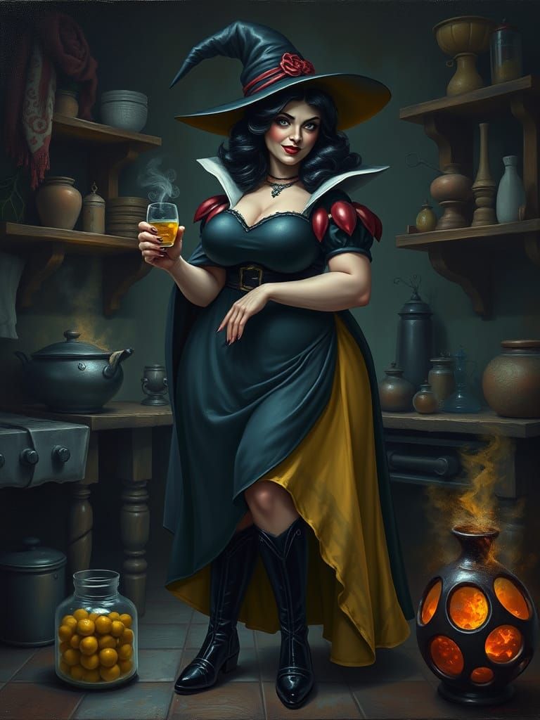 Ominous Snow White as Malicious Witch in Oil Paint