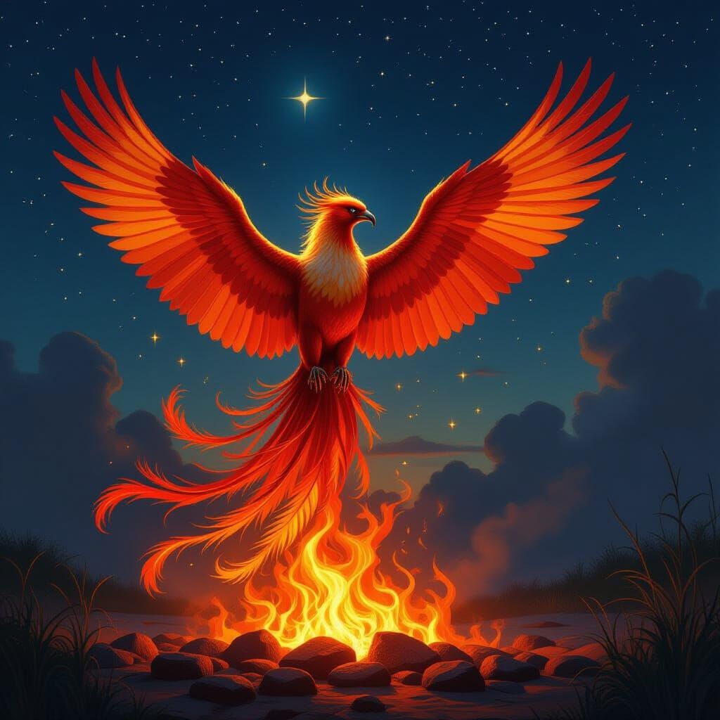Majestic Phoenix Rises from Embers in Oil Painting Style