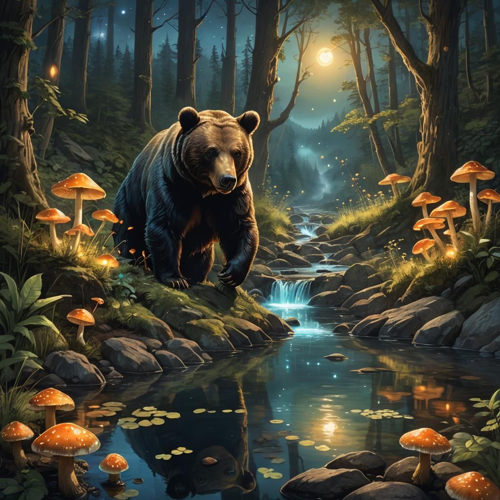 Bioluminescent Creek in Smoky Mountains: Fantasy Matte Paint...