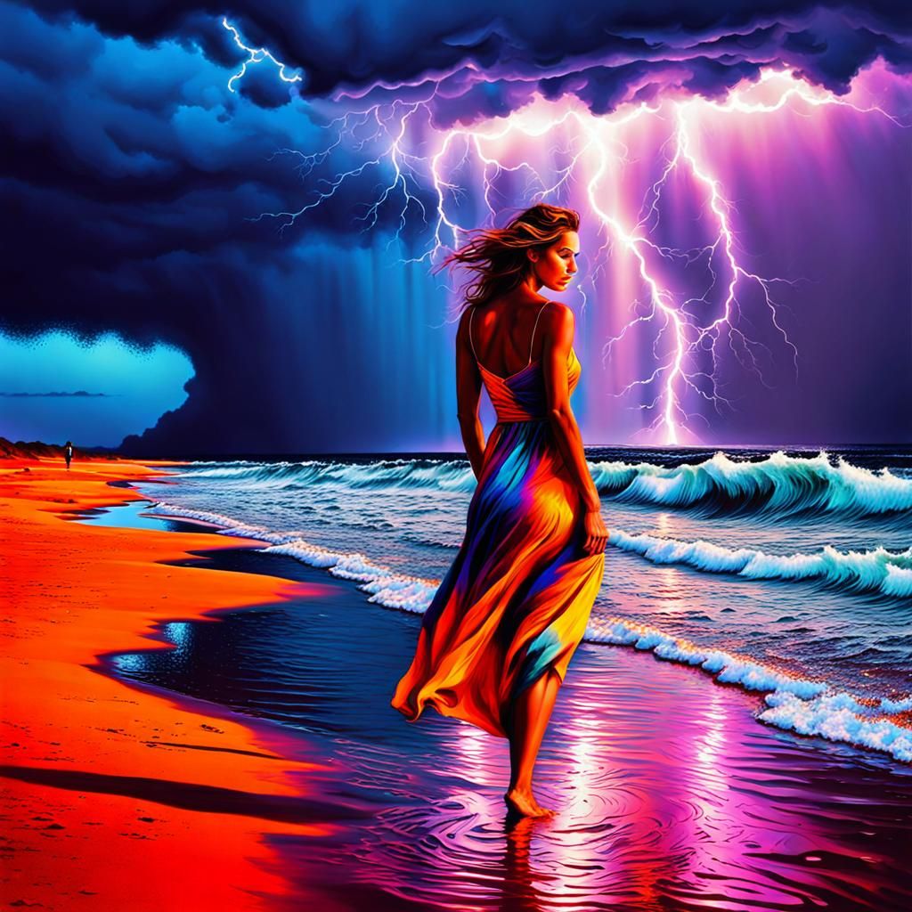 Woman on Beach During Thunderstorm in Splash Art Style