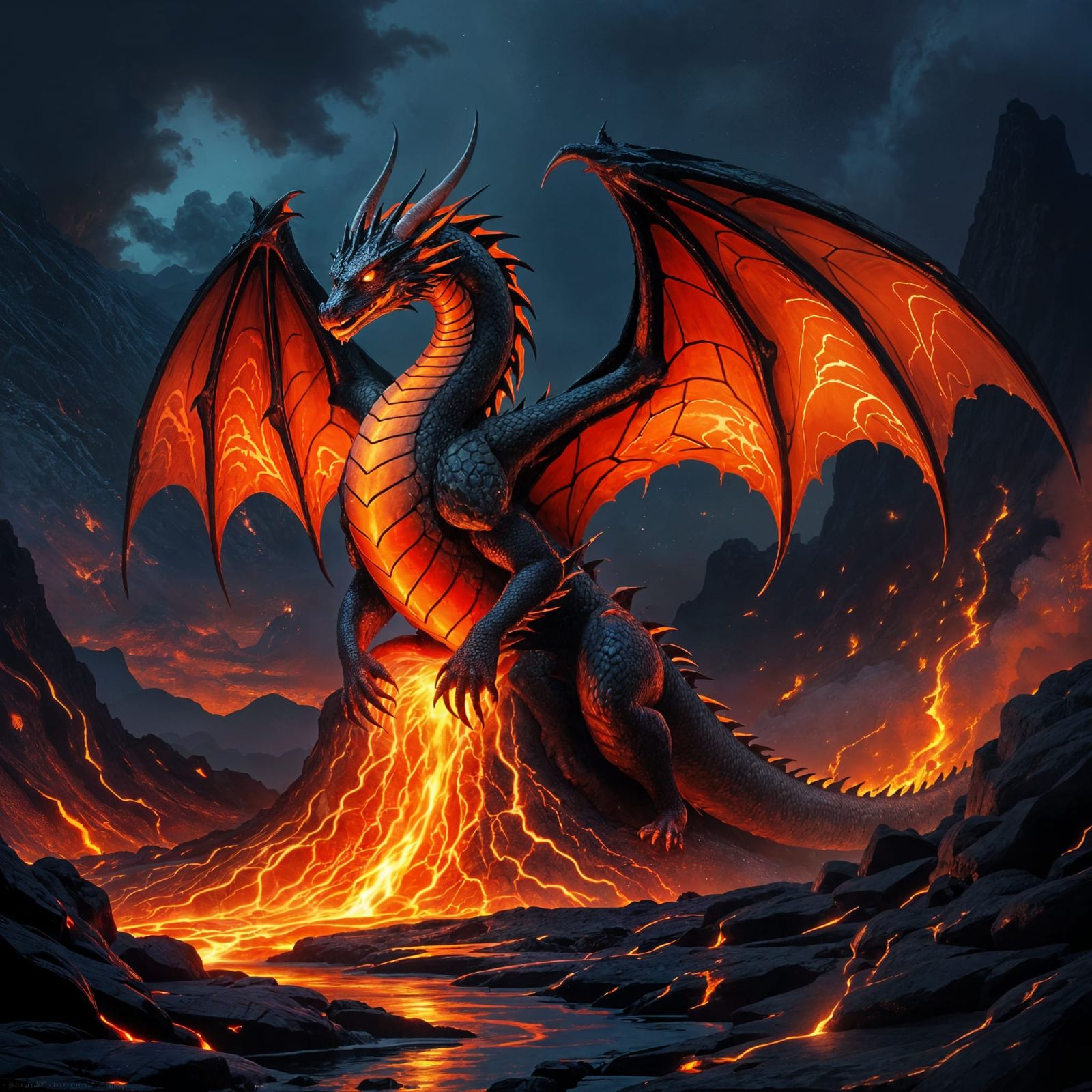 Majestic Lava Dragon in Fiery Volcanic Landscape