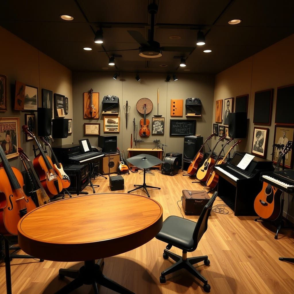 Surreal Music Room Reveals Harmony of Instruments in Wood Ac...