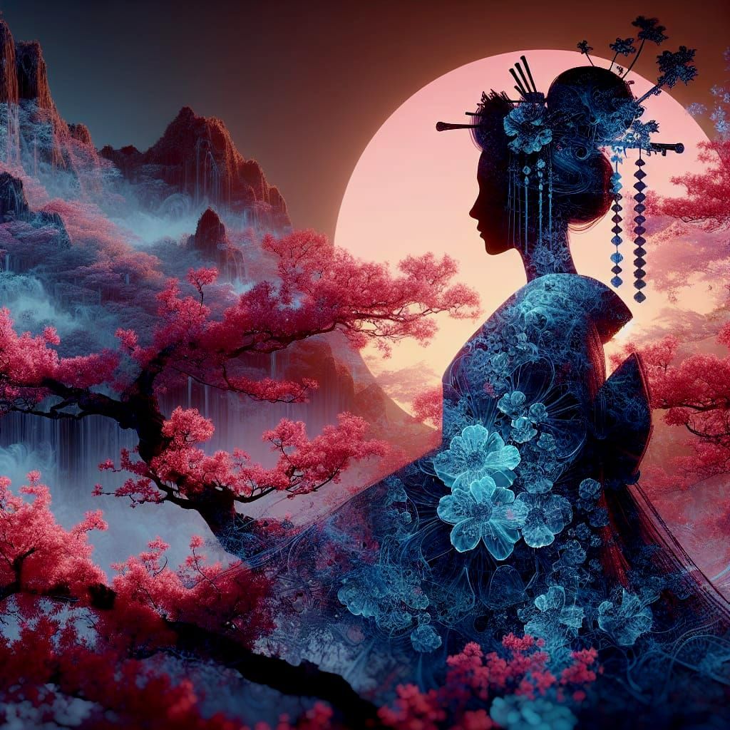 Geisha Silhouette Merging with Cherry Blossoms