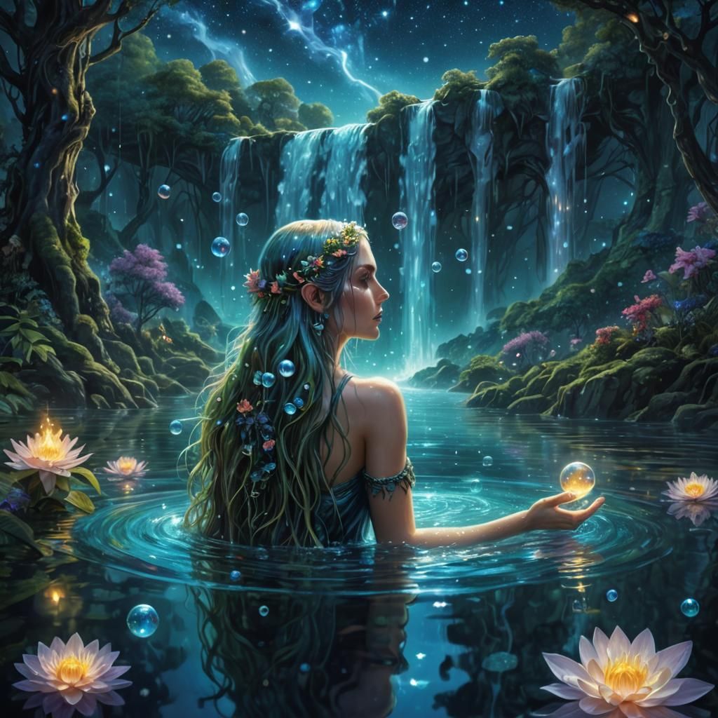 Woman Bathing with Elves in Magical Forest