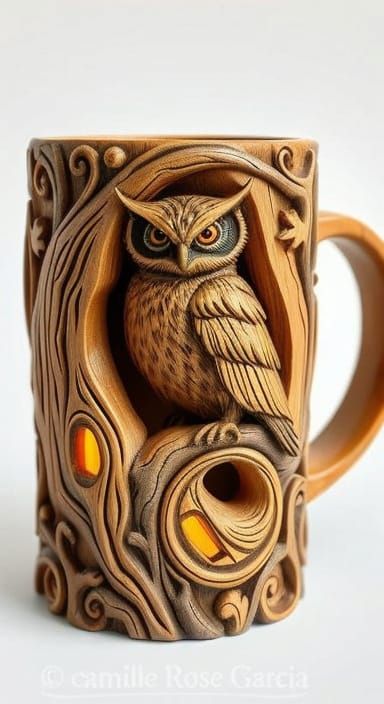 Whimsical Owl Carving on Wooden Coffee Mug