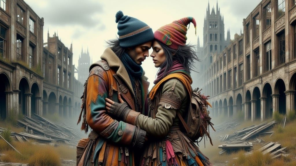 Dystopian Embrace: Couple in Apocalyptic Landscape