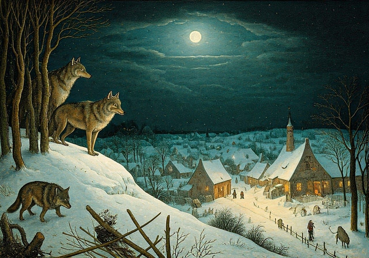 Wolves Observe a Winter Village under Christmas Lights