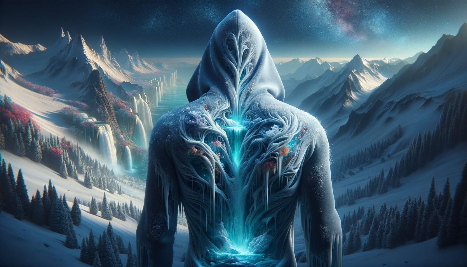 Icy Figure with Waterfall Landscape in Space